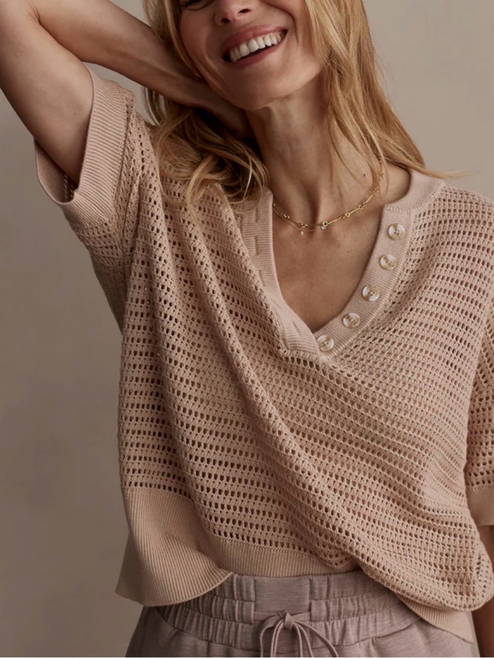 Barley Women’s Cream Open-Knit V-Neck Button Sweater